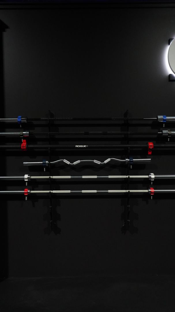 Wall of specialty barbells