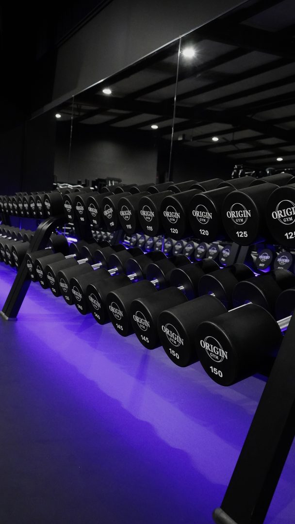 Two tier rack of Origin Gym dumbbells lit by violet floor light