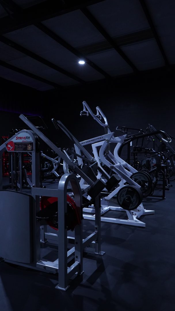 Row of plate loaded machines lined up under a dark ceiling