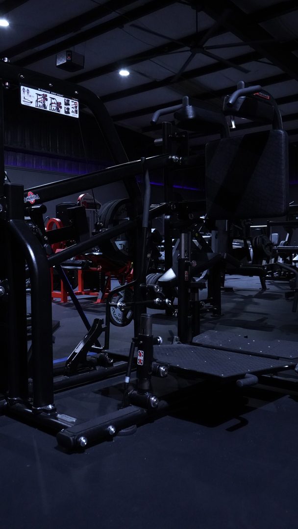 Plate loaded lower body machine with a footplate, more machines behind